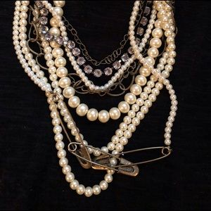 Multi-Strand Bronze & Silver-Plated Chain, Crystal, Faux Pearl & Pins Necklace